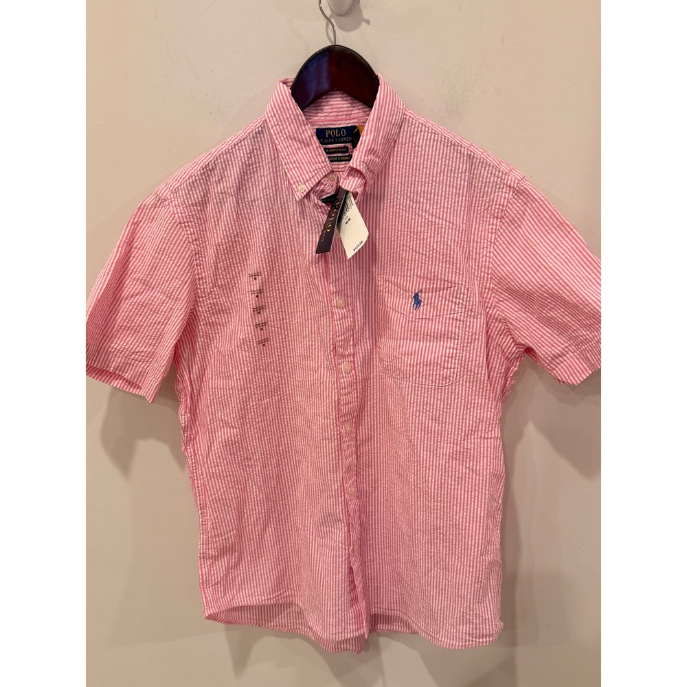 Polo Ralph Lauren Mens Pink Seersucker Short Sleeve Untucked Fit Shirt M NEW